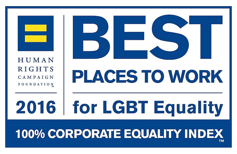 图片所示文字为:人权运动组织基金会 2016。LGBT 平等的最佳工作场所。100% 企业平等指数。